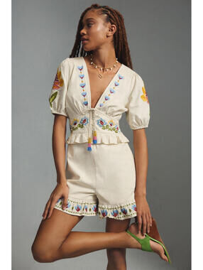 Farm Rio Embroidered Linen Peplum Romper